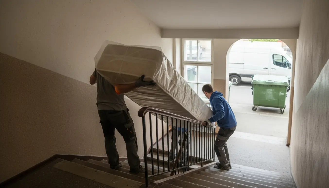 To personer bærer en 140x200 boksmadras ned ad en opgang mod en ventende flyttebil.