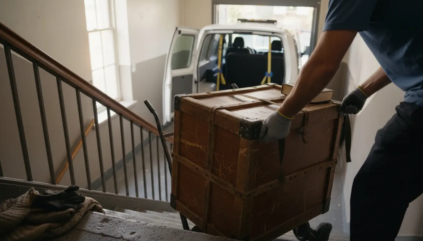 Tung læderkasse med bøger bæres ned ad trappe og læsses i en åben flyttebil.