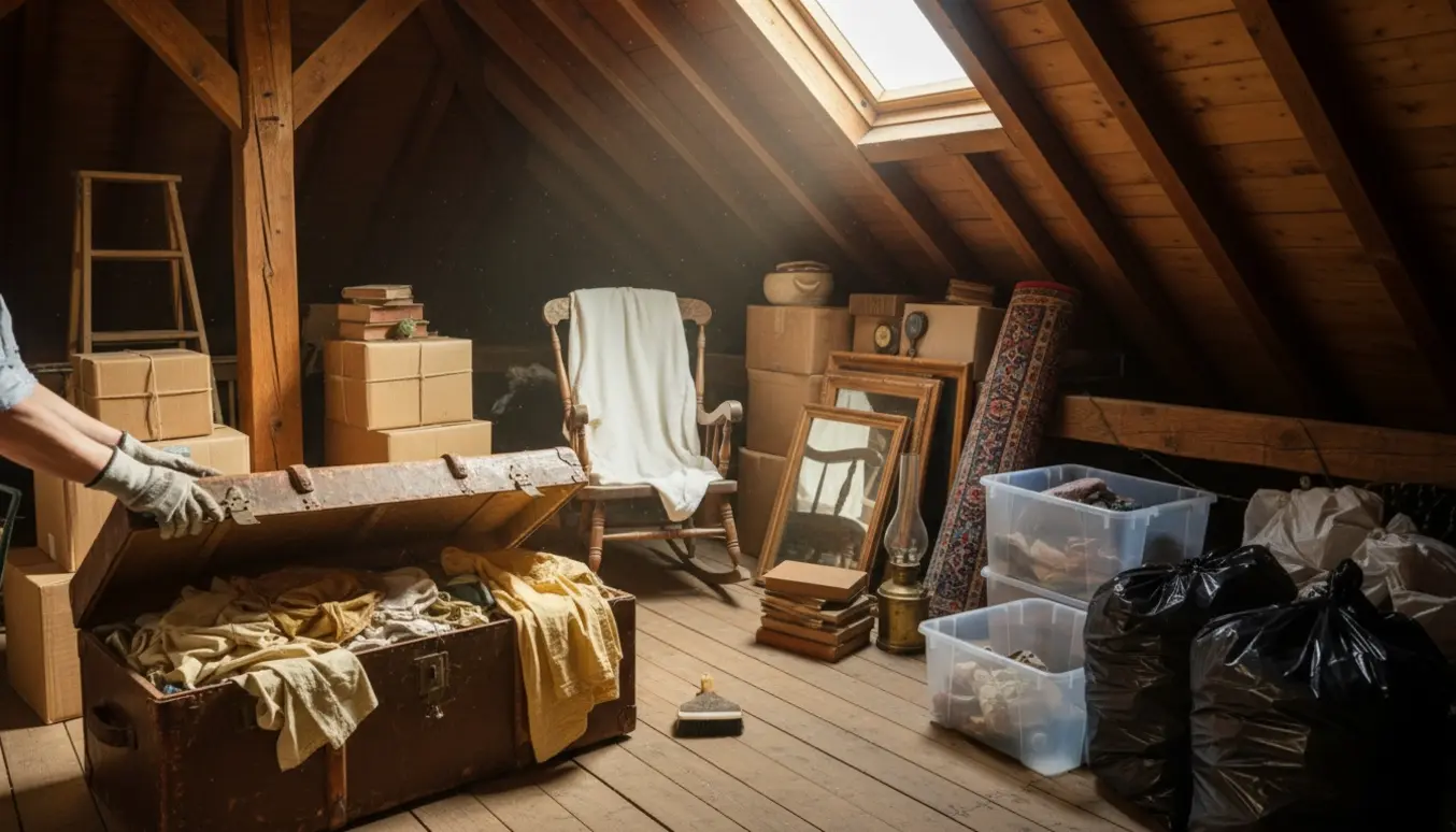Solbelyst loftrum med handsker, der løfter en støvet kuffert midt i oprydning.