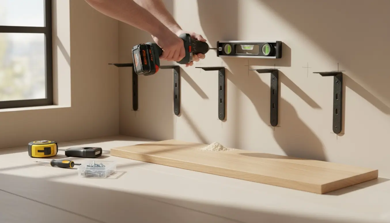 Nærbillede af montering af en træhylde med tre hyldeknægte, rawlplugs og et batteridrevet bor.