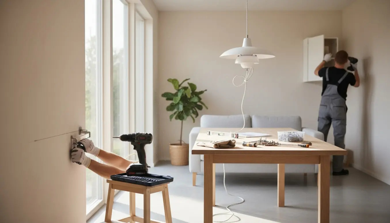 Hænder monterer gardinstænger, ophænger et lille vægskab og justerer en pendellampe over et spisebord i et lyst rum.