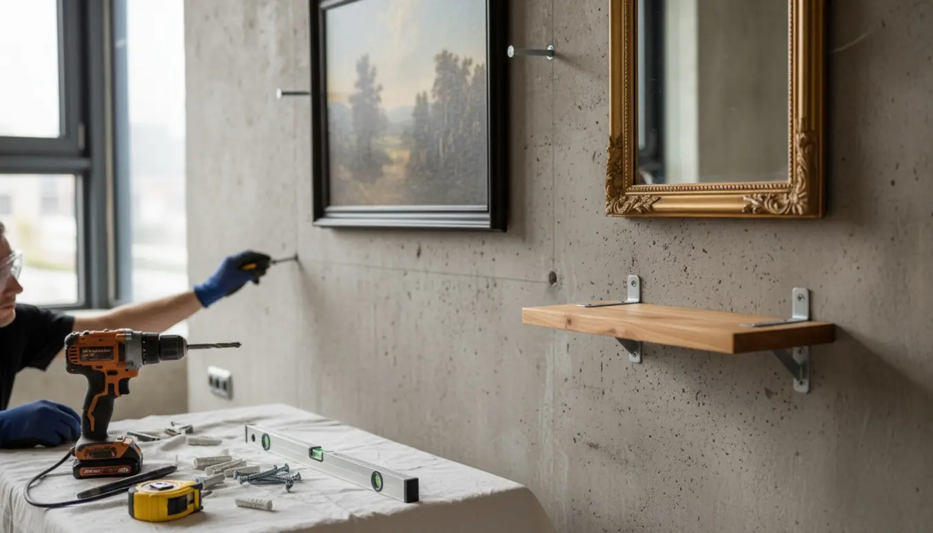 Værktøj og hængte malerier på en betonvæg under montering.