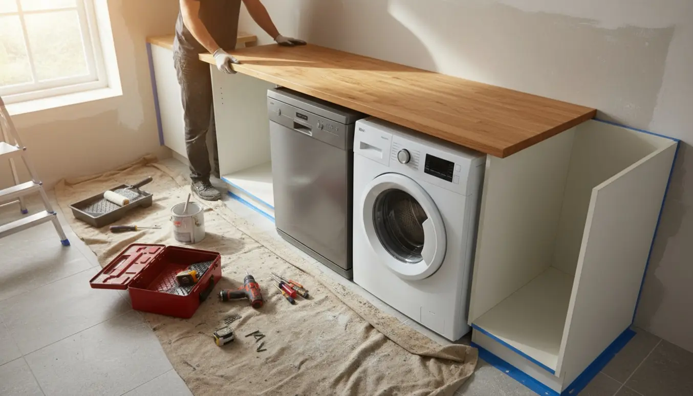 Køkken under renovering med ny bordplade, ufærdige installationer, malerbøtter og værktøj.