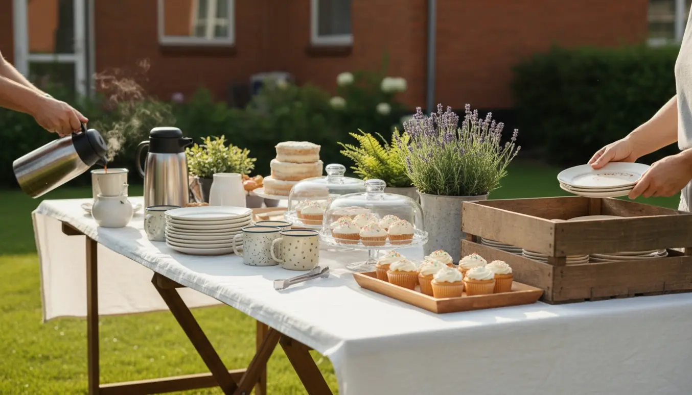 Hænder sætter kaffekopper og kager frem på et havebord til en navnefest.