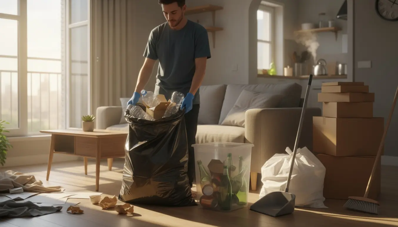 Gummihandsker og affaldssække i en lejlighed under oprydning i varmt dagslys.