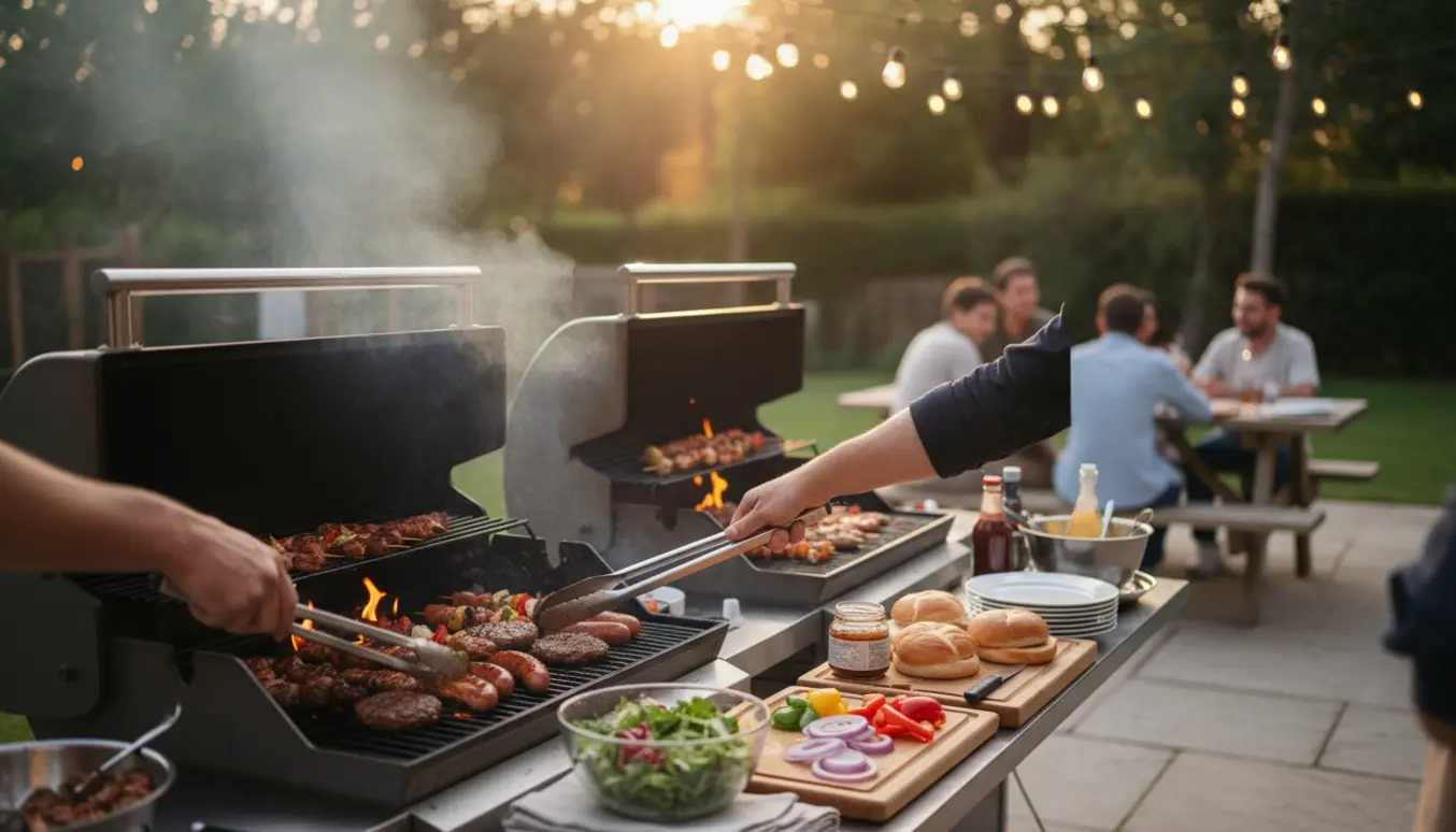 To store havegrill i gyldent aftenlys med hænder, der griller burgere og pølser.