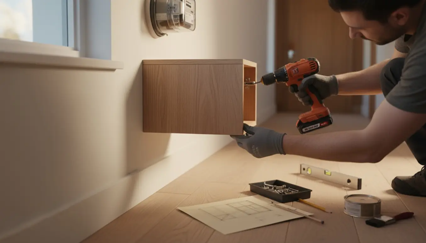 Hænder monterer et slankt træskab, der skjuler en vægmonteret elmåler i en lys og ryddelig gang.