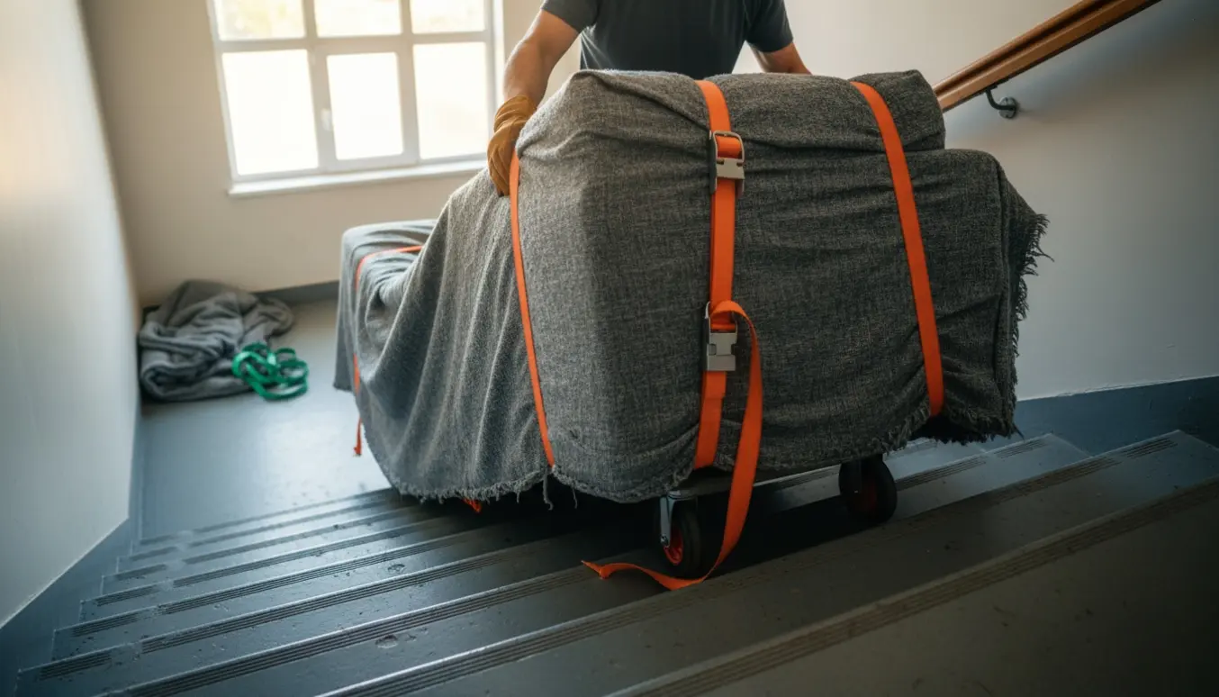 To personer bærer og ruller en delt sofa ned ad en trappe i en opgang, med tæpper og stropper til beskyttelse.