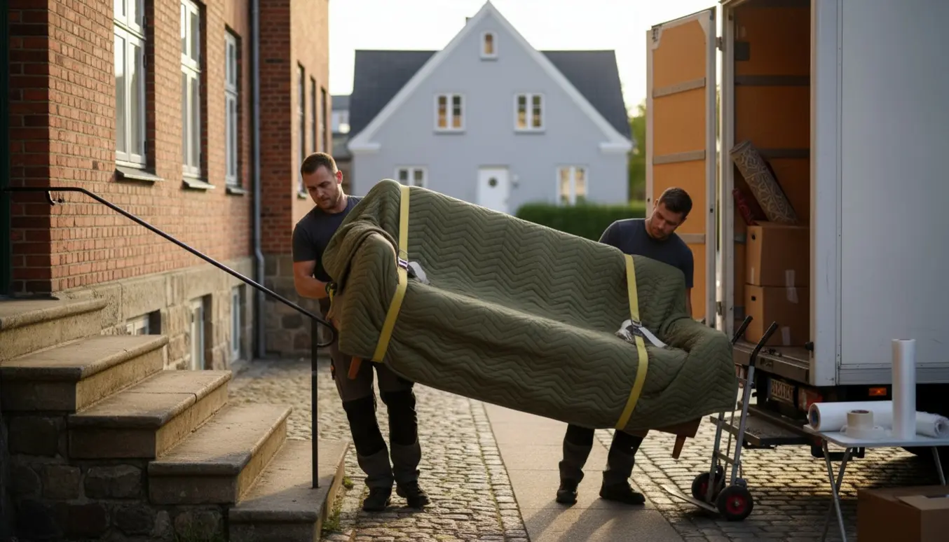 To flyttemænd bærer en indpakket sofa ned ad trappen fra en murstenslejlighed mod en ventende flyttevogn i eftermiddagslys.
