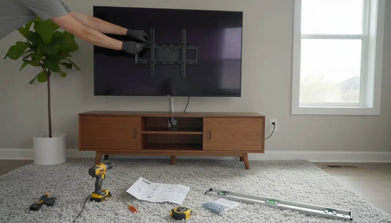 Et 75-tommer fladskærms-tv monteres på en stuevæg, mens hænder justerer vægbeslaget og værktøj ligger klar.