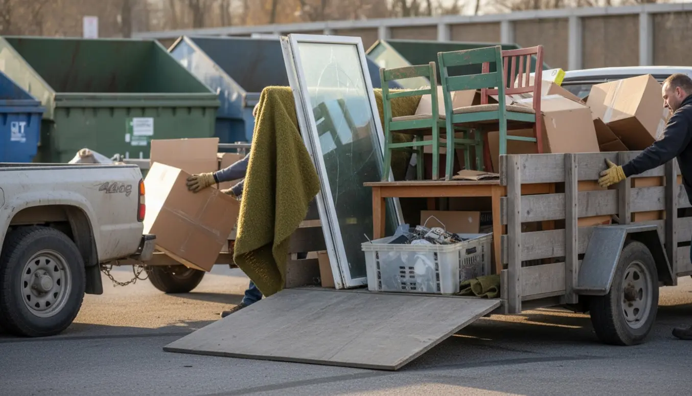 Pickup læsset med ufoldede papkasser, ødelagt glasplade, stole og bord ved en genbrugsplads uden synlige ansigter.
