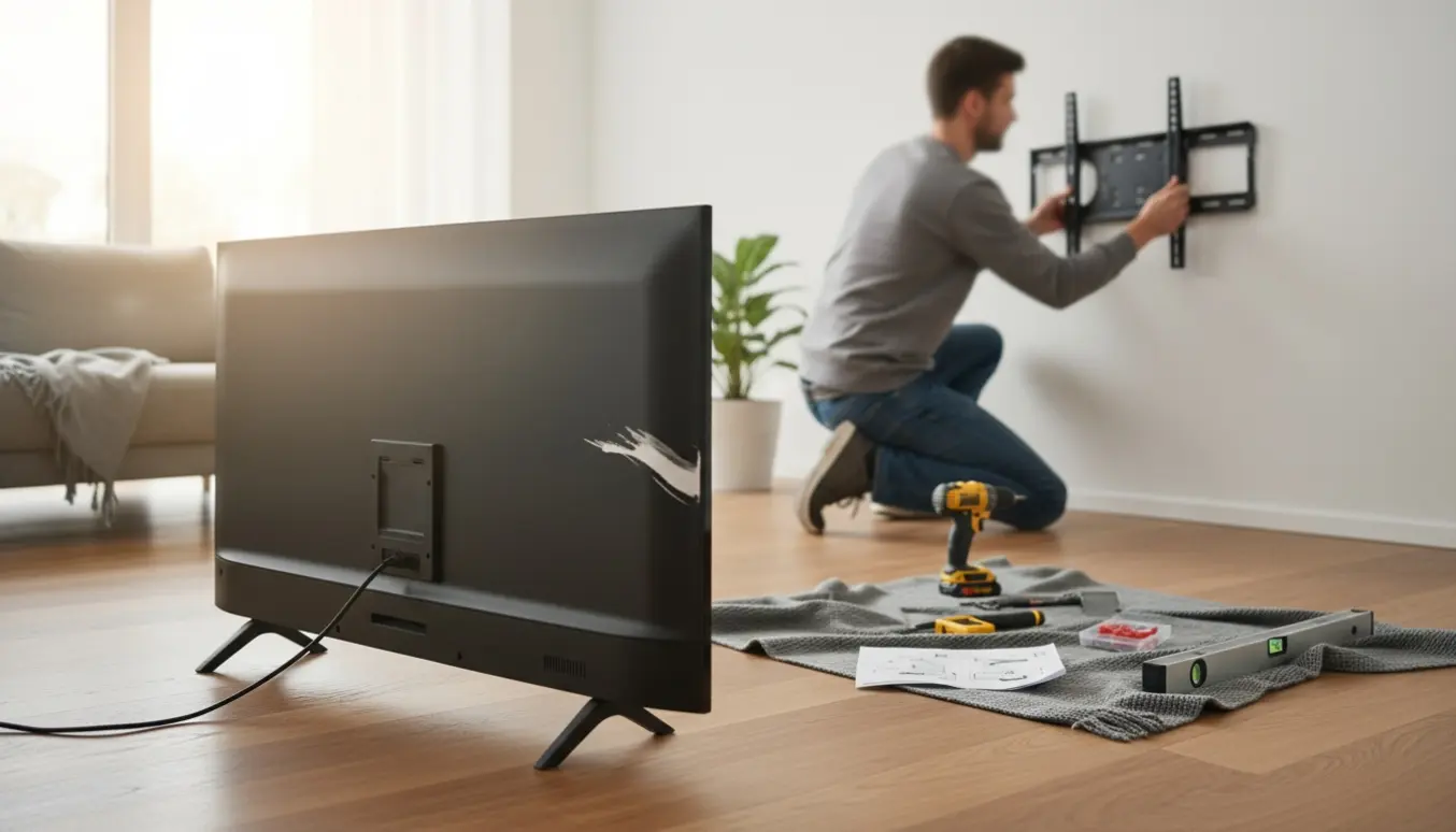 Fladskærm ligger på gulvet med knækkede ben, mens vægbeslag og værktøj er klar til ophængning.