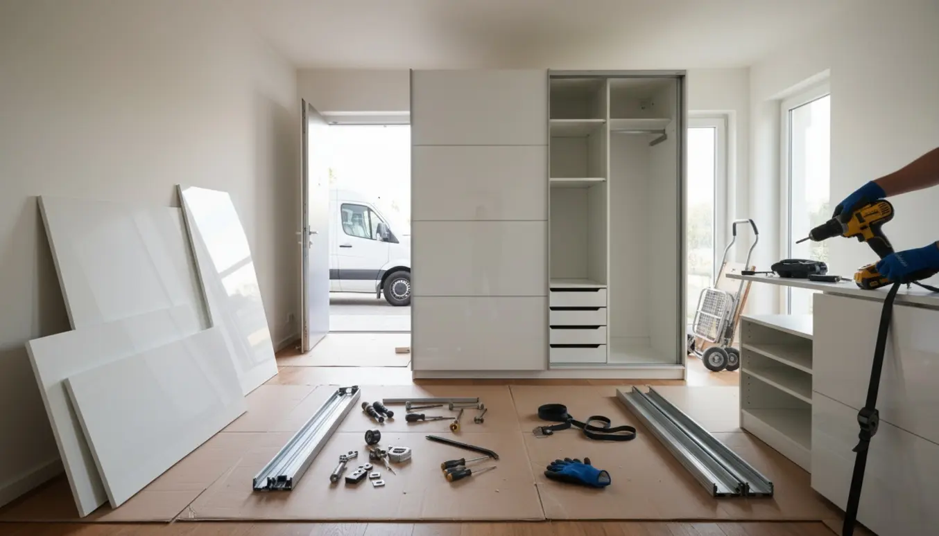 Hvid højglans garderobeskab med skydedøre adskilt på gulvet med værktøj og flyttevogn klar til afhentning.