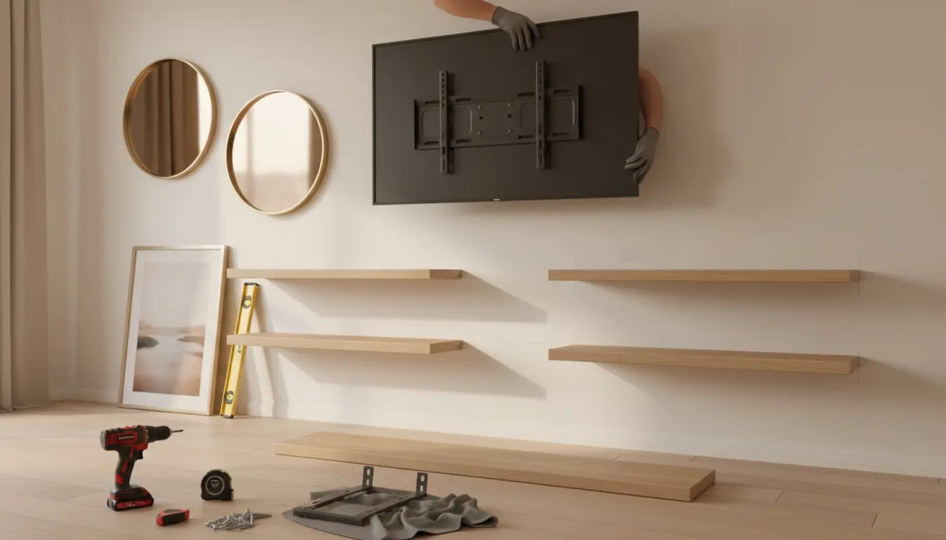 En person hæver et fladskærms-tv for at montere det på en stuevæg med hylder og værktøj klar.