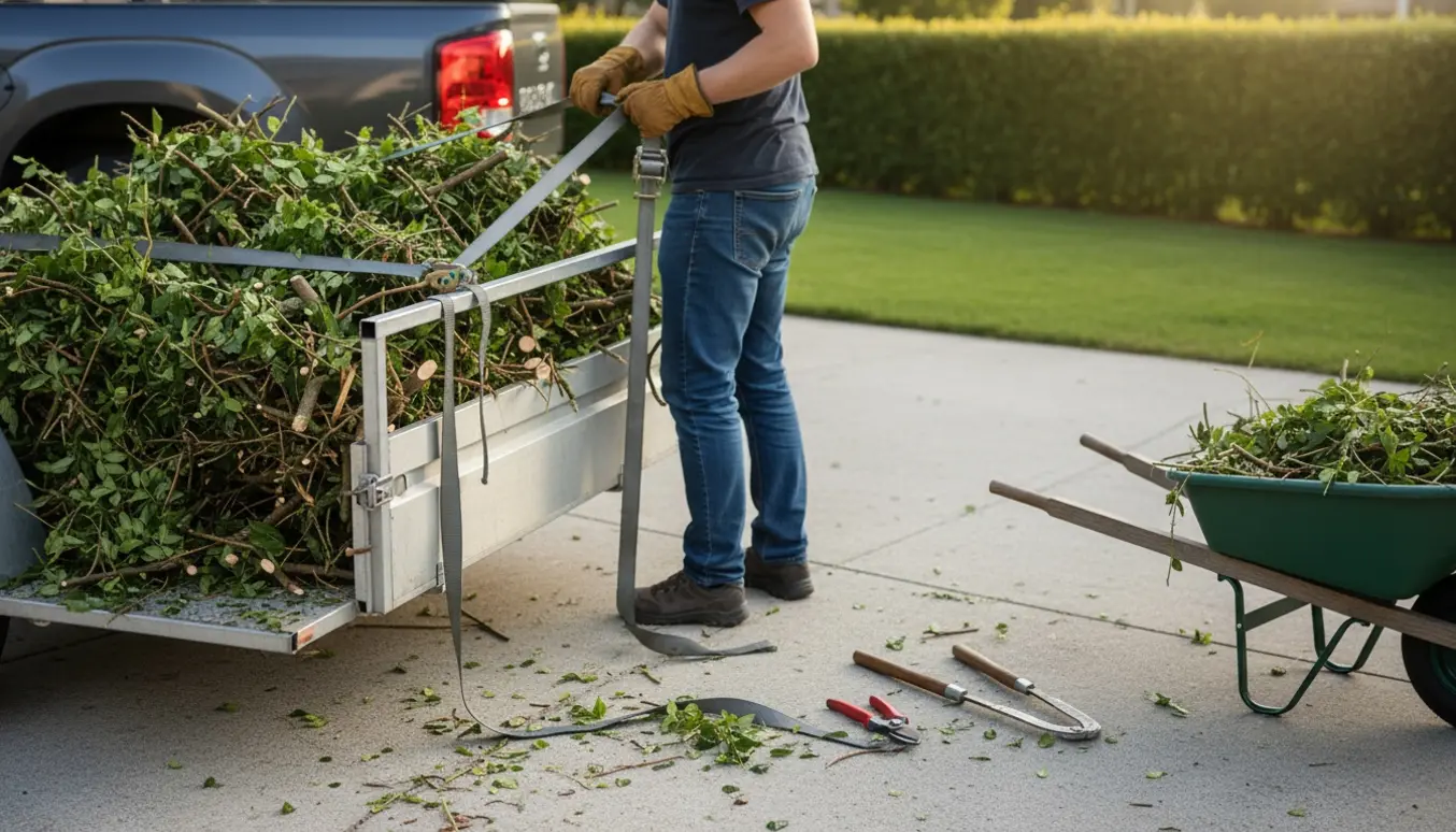 Trailer fyldt med friske hækafklip og grene, sikret med stropper på indkørslen.