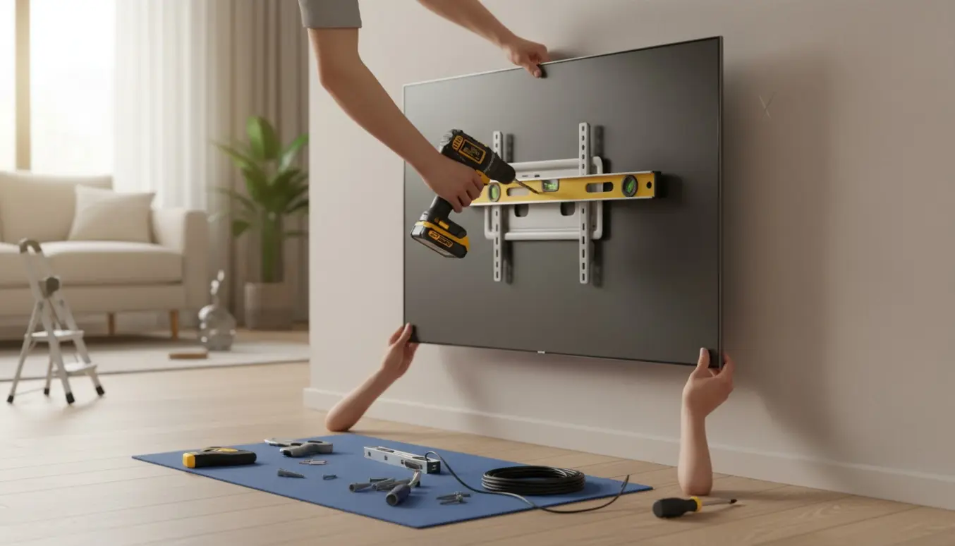Hænder monterer en 60-tommer fladskærm på en stuevæg med vægbeslag og værktøj.