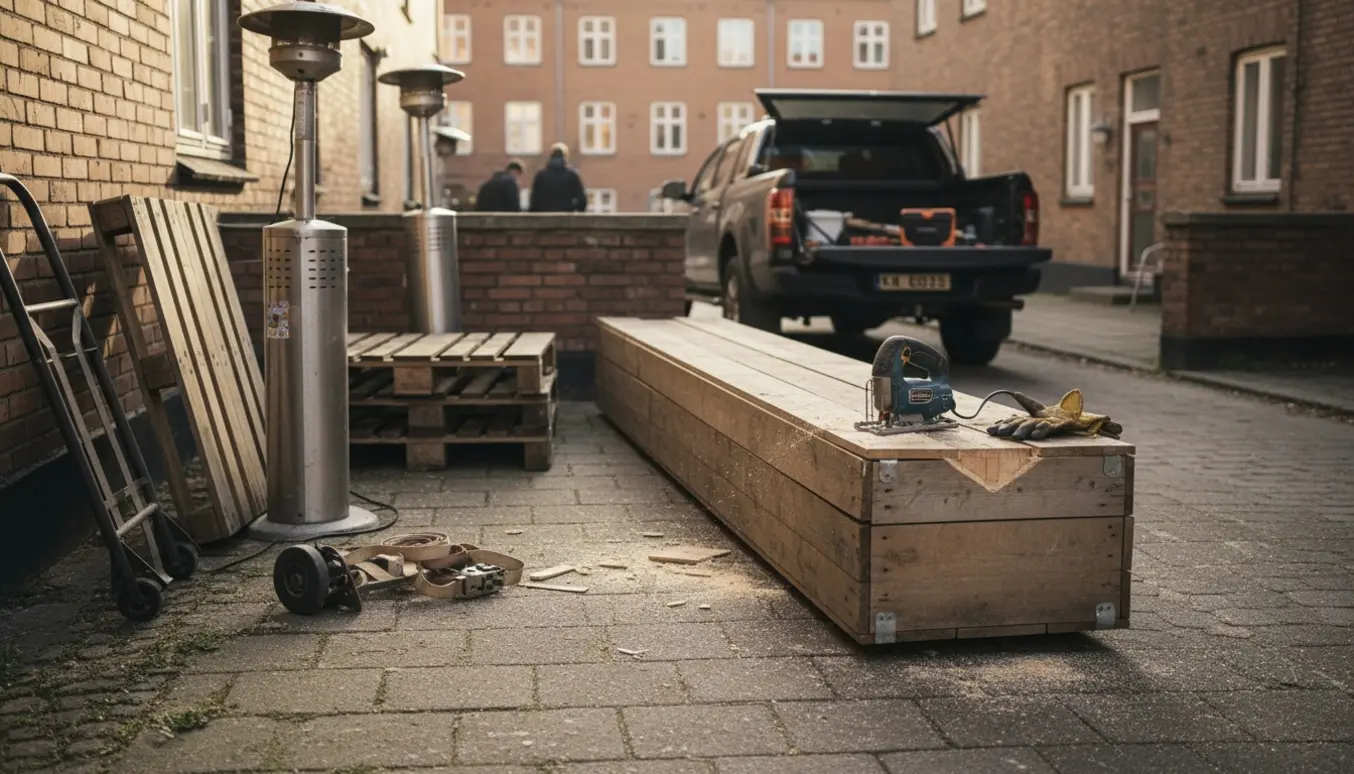 Lang trækasse, tre træpaller og to varmelamper i en baggård klar til afhentning.