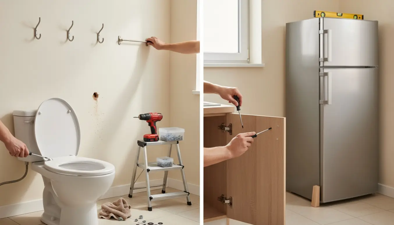 Hænder og værktøj udfører småreparationer: montering af knager, stramning af toiletsæde, justering af skab og opretning af køleskab.