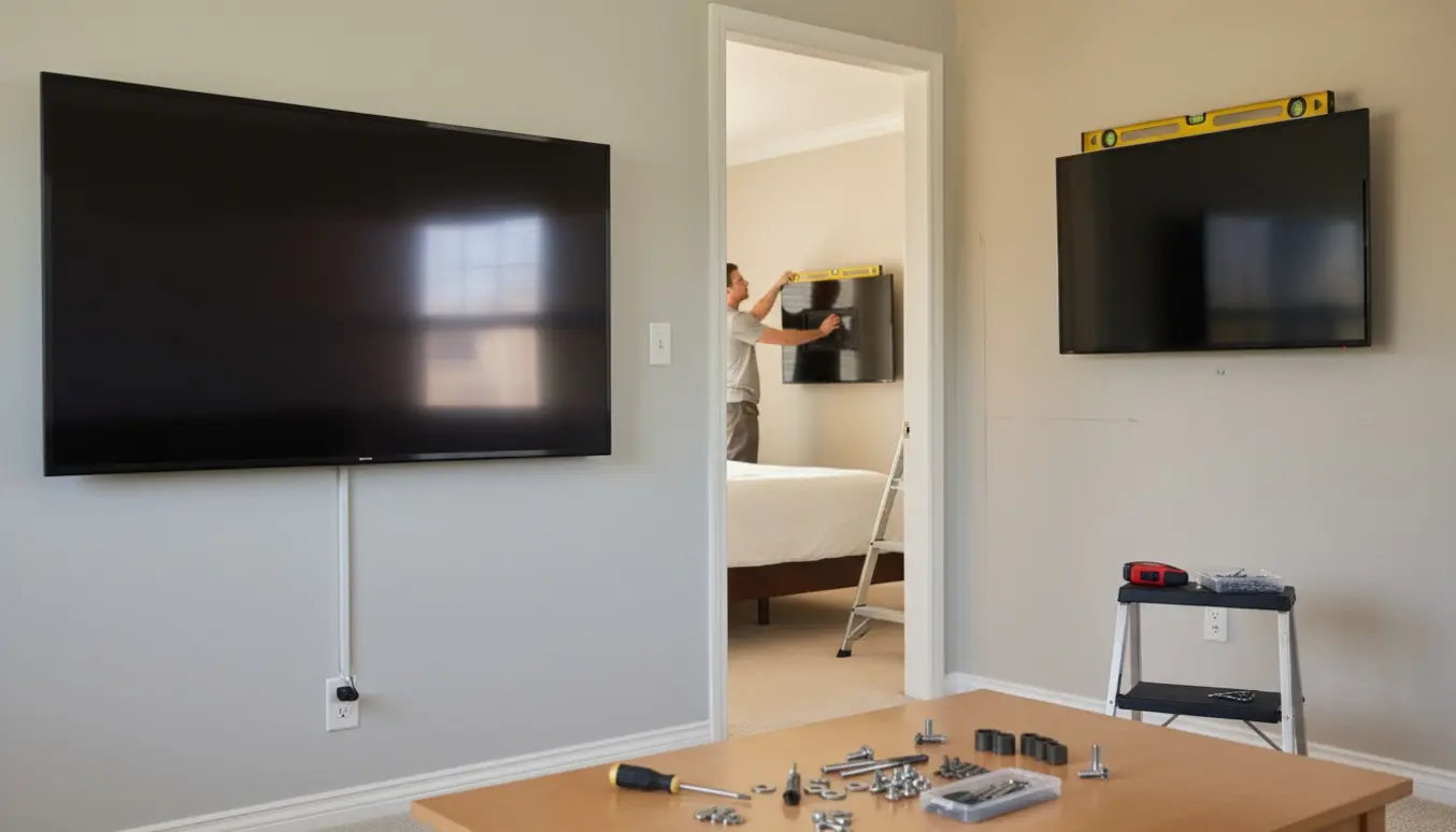 To fladskærme monteres på gipsvægge i stue og soveværelse med værktøj og beslag.