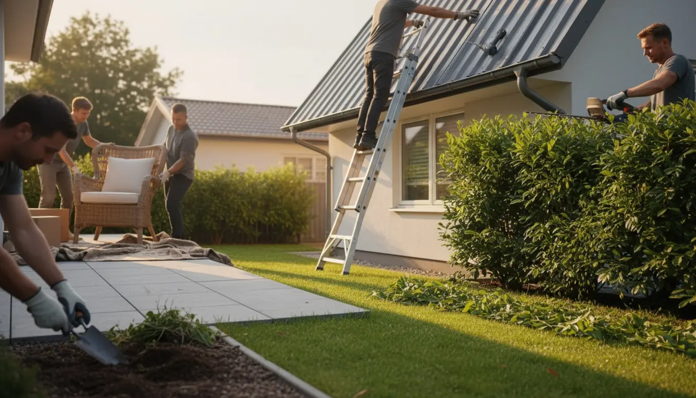 Arbejde i en solbeskinnet forhave med montering af tagplade, hækklipning, fjernelse af ukrudt og flytning af havemøbler.
