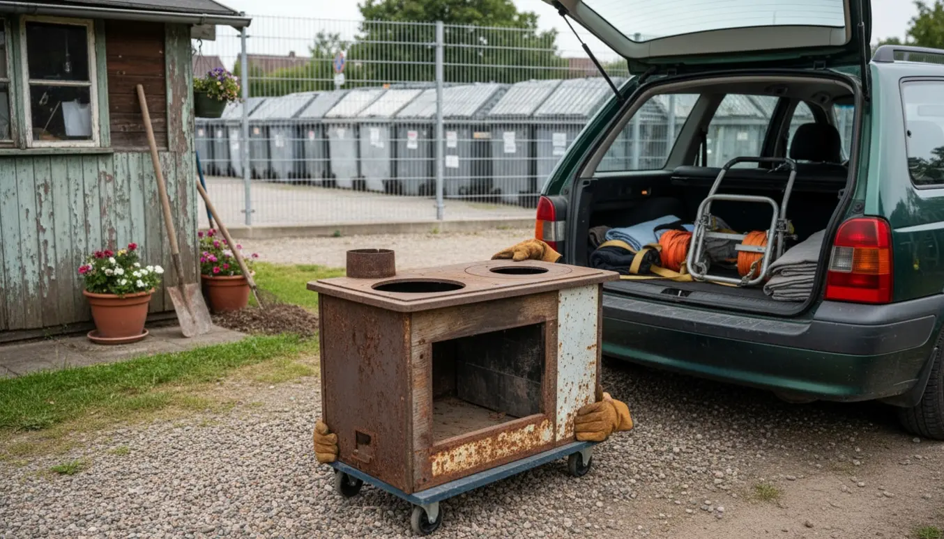 Et gammelt komfur bliver læsset ind i en bil ved et kolonihavehus med genbrugscontainere i baggrunden.