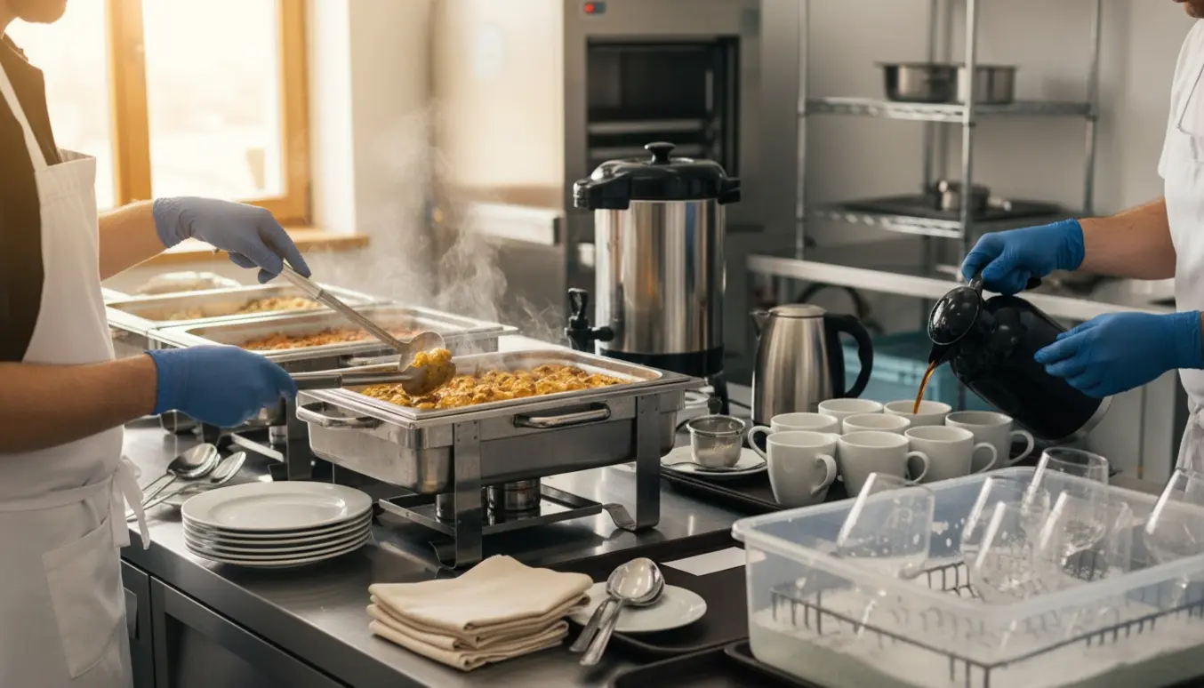 To køkkenmedarbejdere fylder buffet op, brygger kaffe og klarer opvask i et lyst festkøkken.