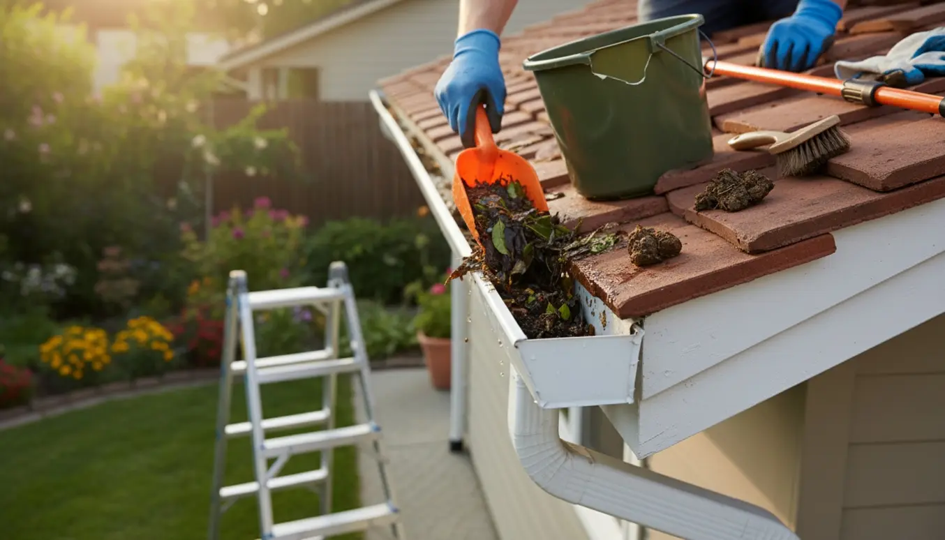 Handskerede hænder fjerner blade og snavs fra en tagrende på et enkeltplanshus.