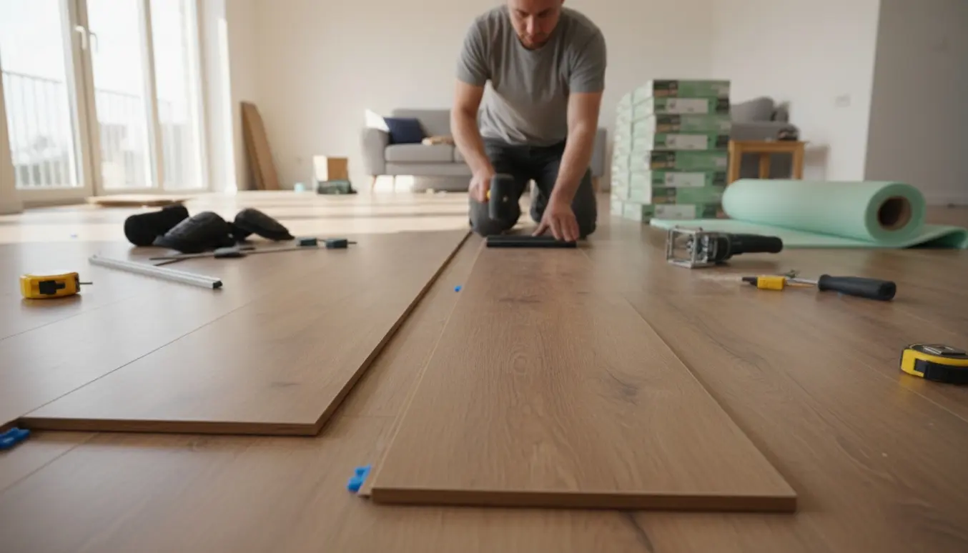 Laminatgulv under montering i et lyst rum med værktøj og stakke af planker.