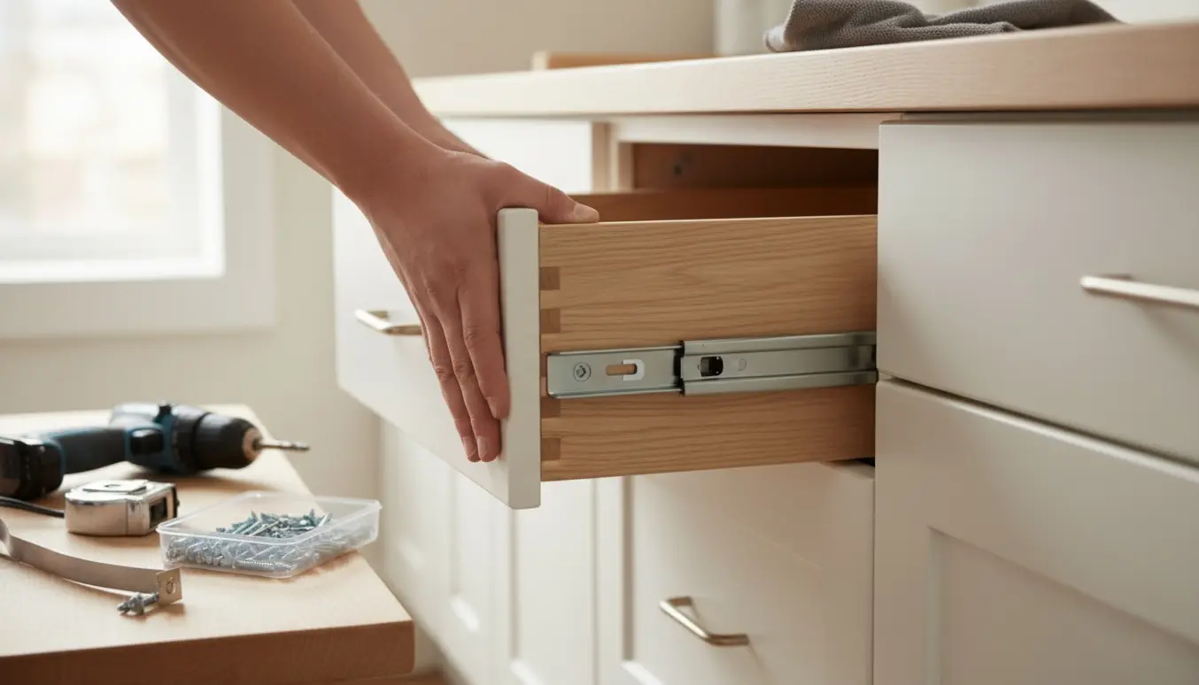 Nærbillede af hænder, der monterer en køkkenskuffe i en hvid underskab med værktøj og skruer på bordet.