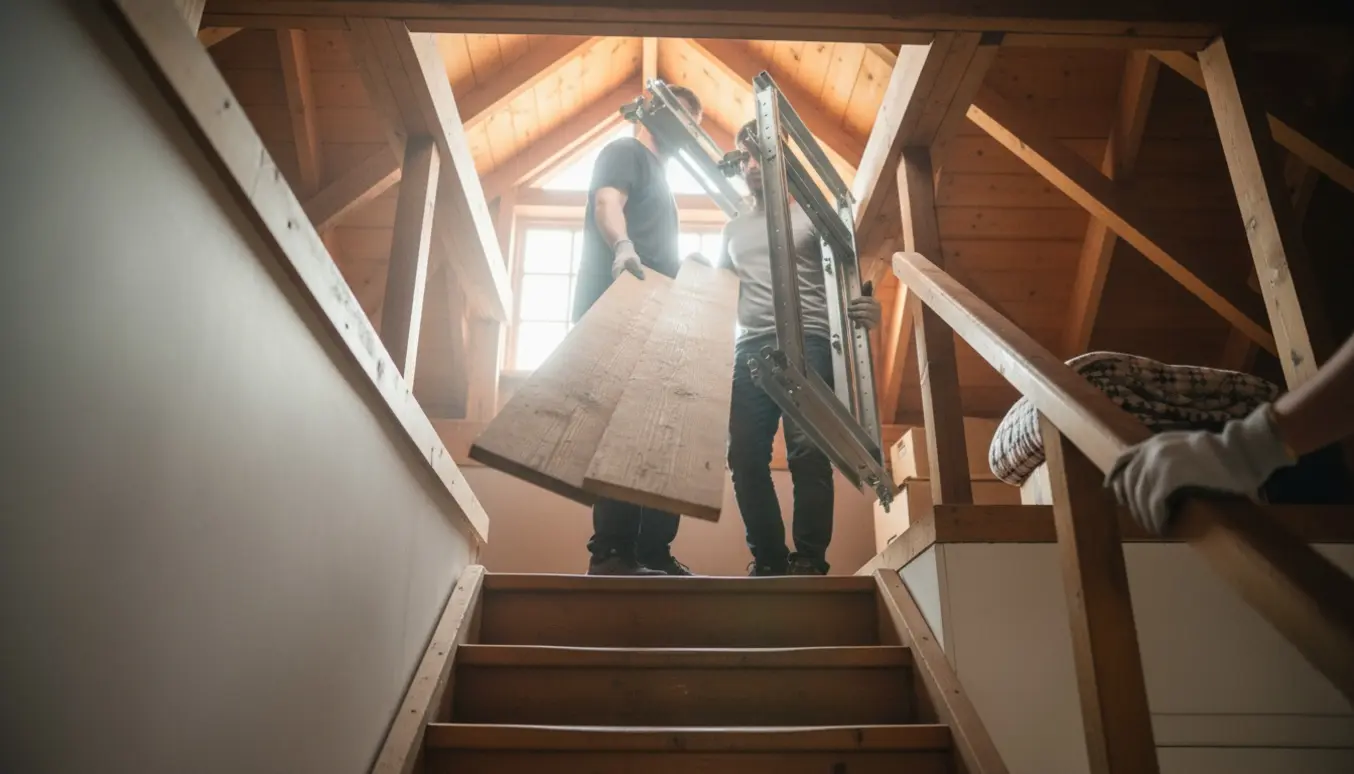 To personer bærer plader og en metalreol ned gennem et åbent lofthul og en smal trappe i varmt dagslys.