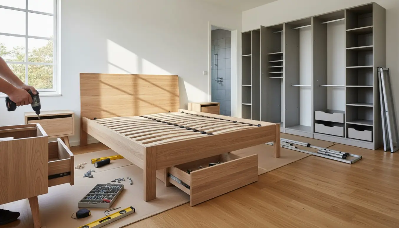 Hænder samler en dobbeltseng og andre møbler i et lyst soveværelse med værktøj og et åbent Pax-lignende garderobeskab.