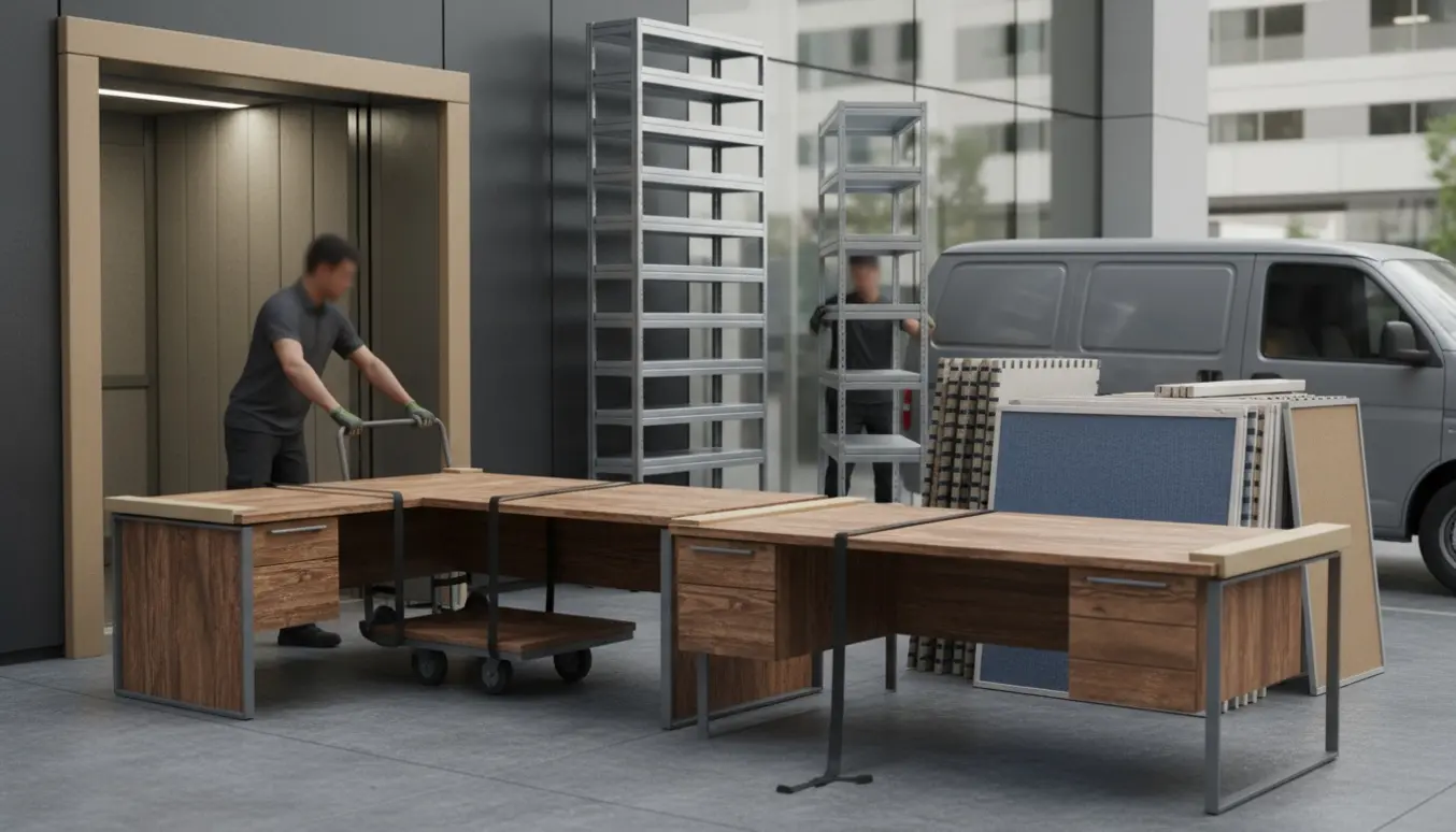 Flyttefolk læsser kontormøbler — skriveborde, reoler og stoftavler — ved en bygning med elevatoradgang og parkeringsplads tæt på.