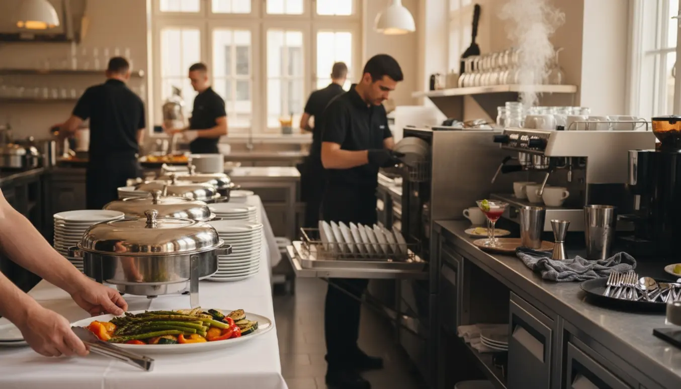 En hjælper arrangerer buffet, laver kaffe og rydder op i køkkenet til firmafest.