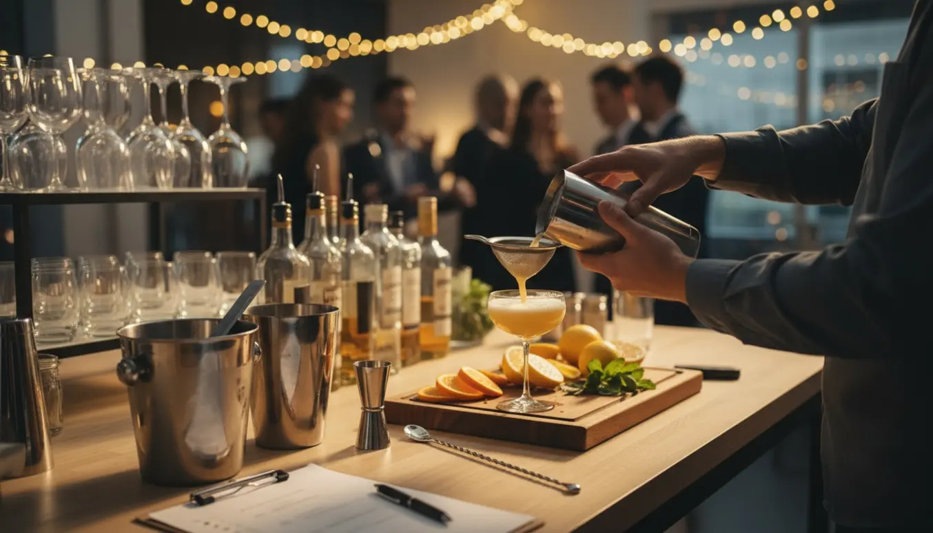 Bartender forbereder en cocktail ved en stilren bar opstillet til en firmafest.
