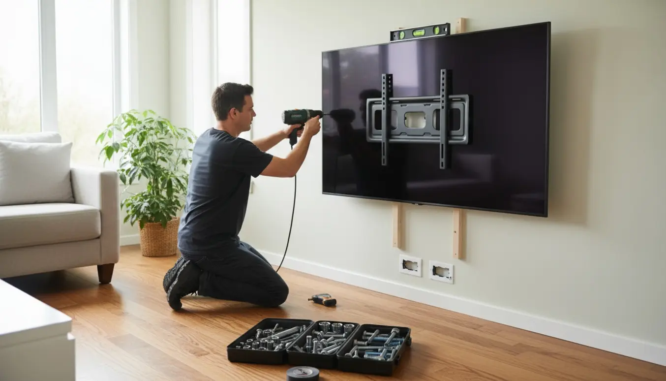 Et stort 70‑tommer fjernsyn bliver monteret på en væg i en stue, med værktøj klar og hænder, der sikrer beslagene.