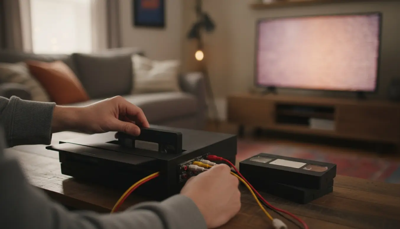 Hænder tilslutter en gammel VHS-afspiller til et TV med kompositkabler.