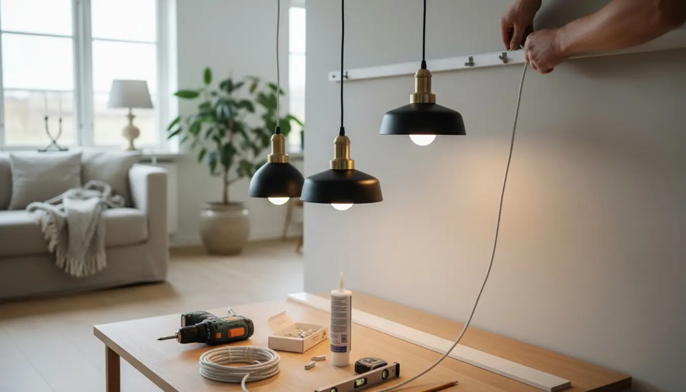 Håndværker skjuler ledninger fra tre designerlamper i en moderne stue med kabelkanaler og værktøj.