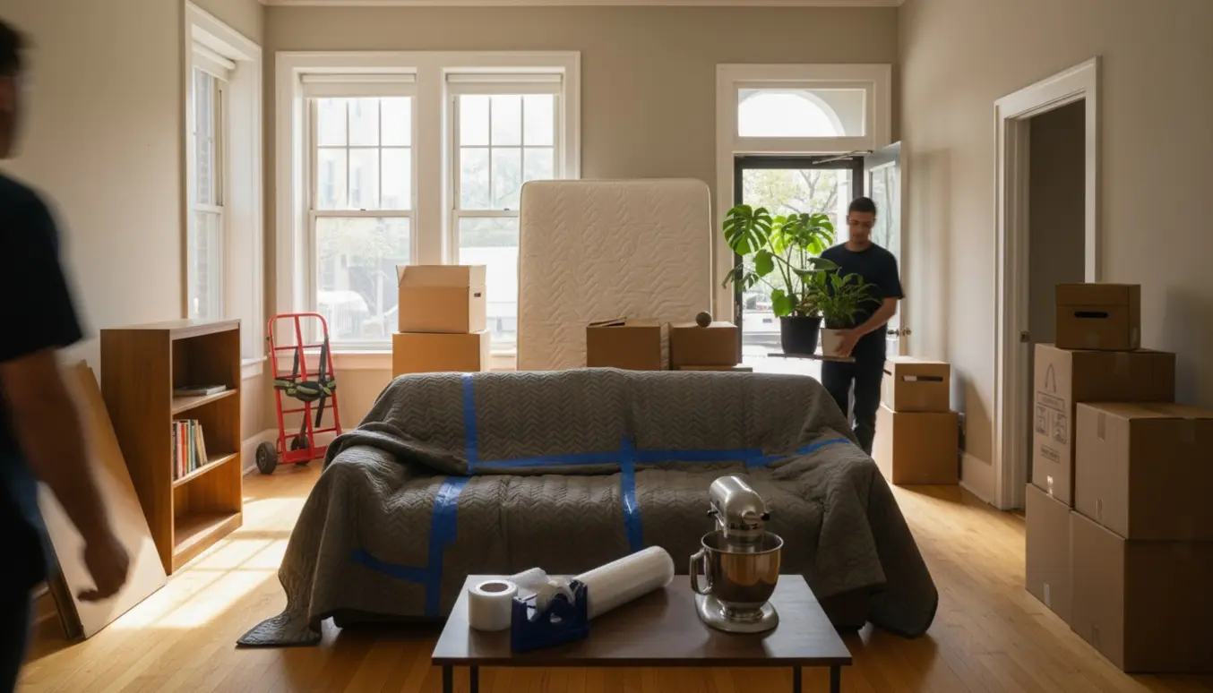 Flyttefolk bærer møbler og kasser ud af en treværelses lejlighed under fraflytning.