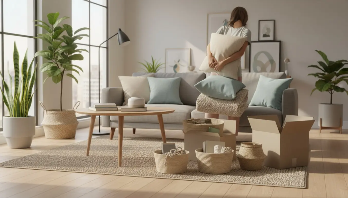 Stue under oprydning med sofa, kasser og hænder, der flytter møbler i varmt naturligt lys.