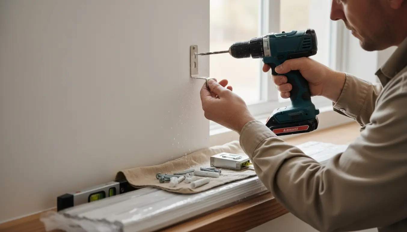 Nærbillede af en person, der borer huller i væggen over et vindue for at montere persienner.