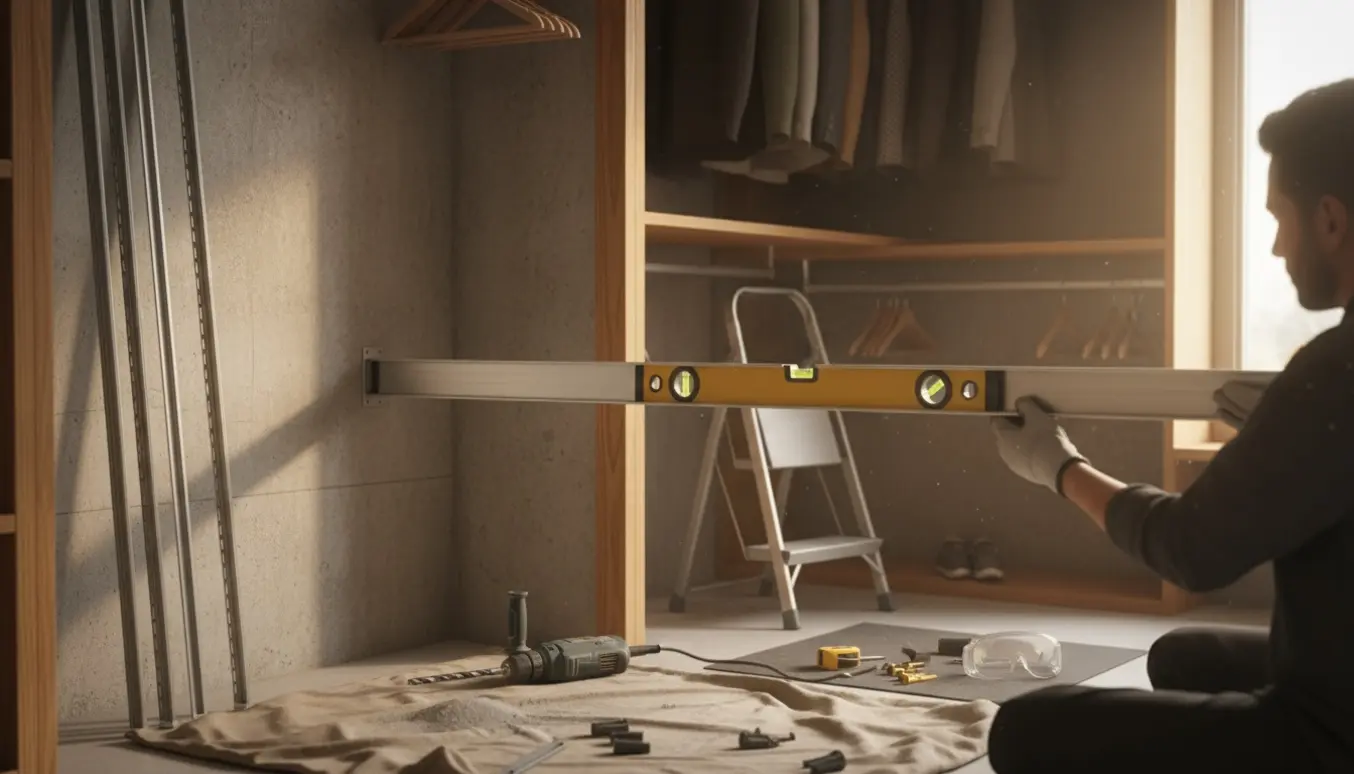 Montering af lange metal-skinner i et garderobeskab på en betonvæg med boremaskine og vaterpas.
