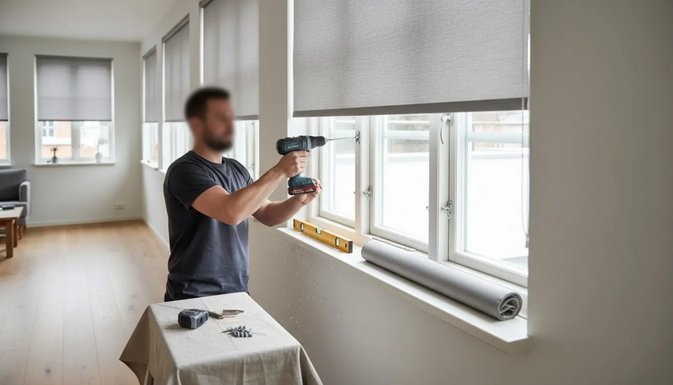 Installering af rullegardiner på flere vinduer i et lyst, skandinavisk rum med værktøj.