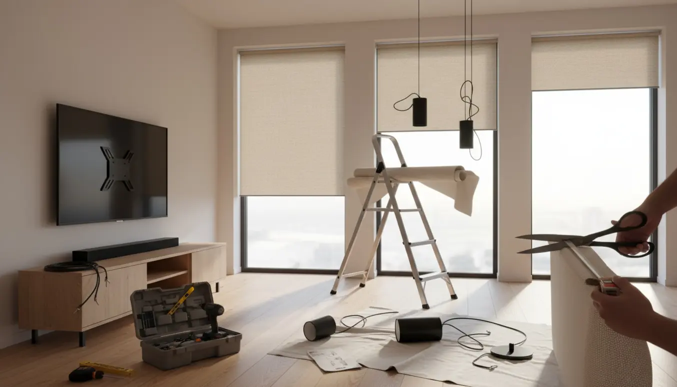 Stue i arbejde med opsætning af rullegardiner, lamper, TV og soundbar med værktøj på gulvet.