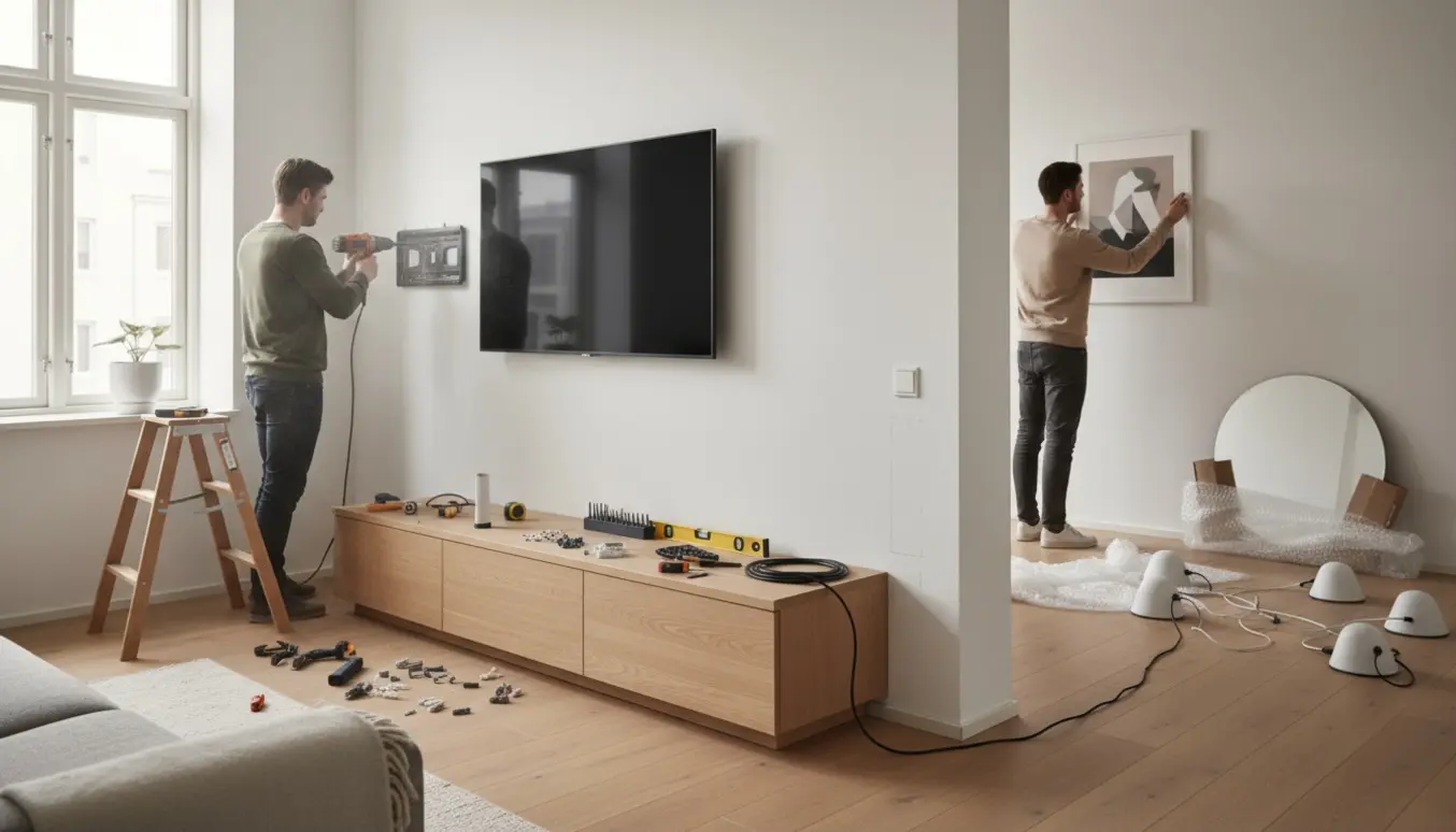 Person monterer stort fjernsyn med slagboremaskine i en moderne lejlighed, med billeder, et spejl og to lamper klar til opsætning.