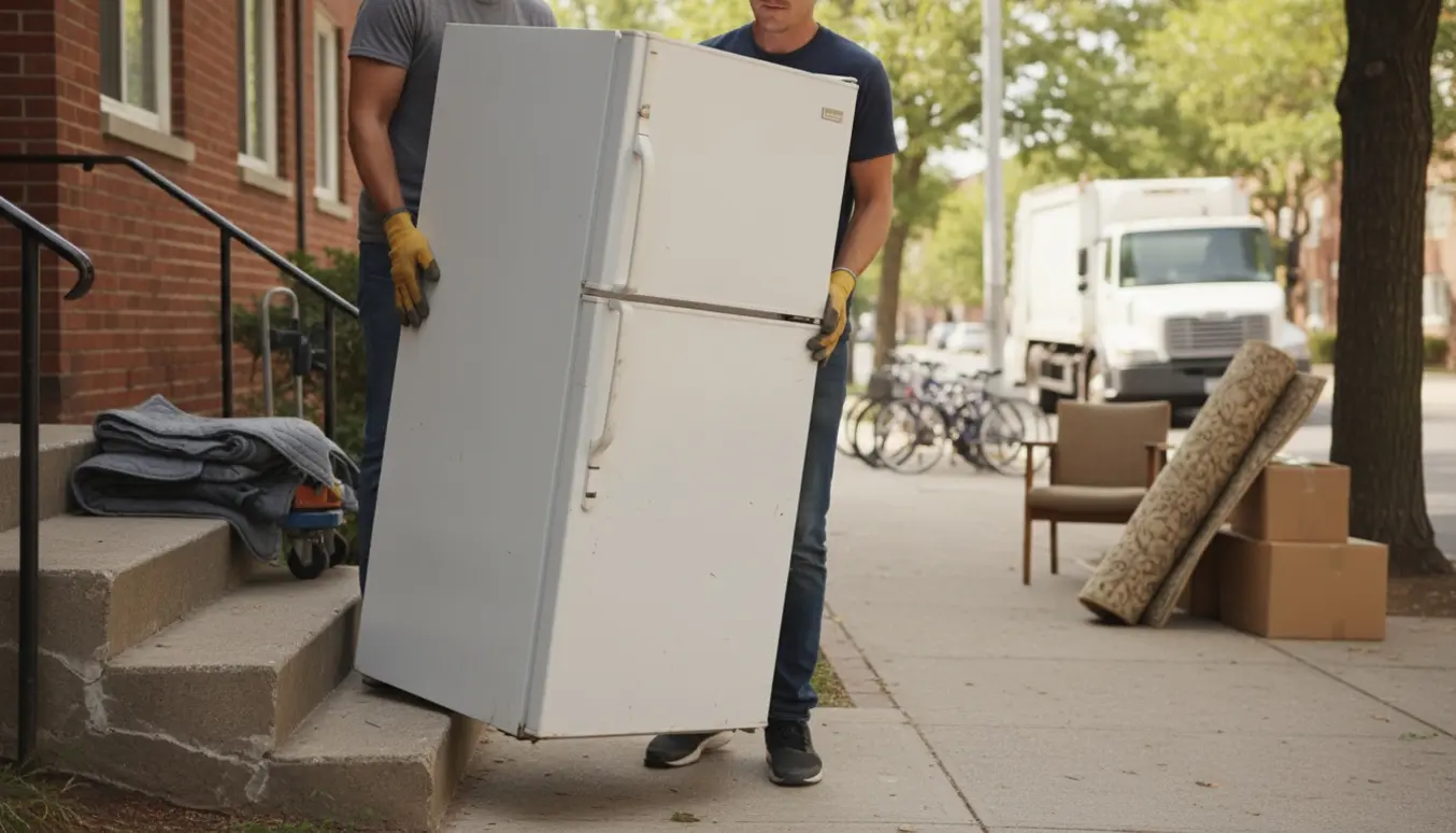 To personer bærer et hvidt kølefryseskab ned ad trappe ved en rød murstensbygning på vej til storskrald.