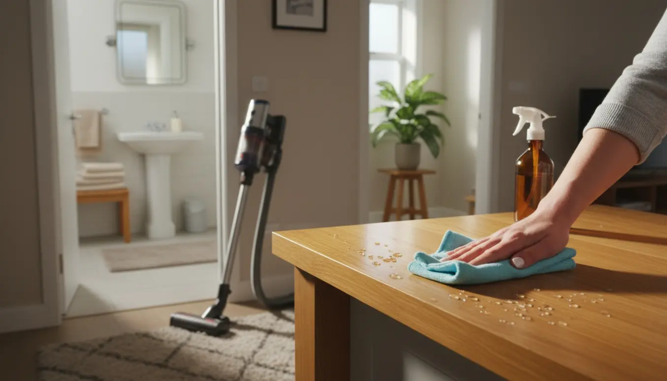 Hånd tørrer en træbordplade med mikrofiberklud, støvsuger står klar og et rent badeværelse ses i baggrunden i et lyst sommerhus.