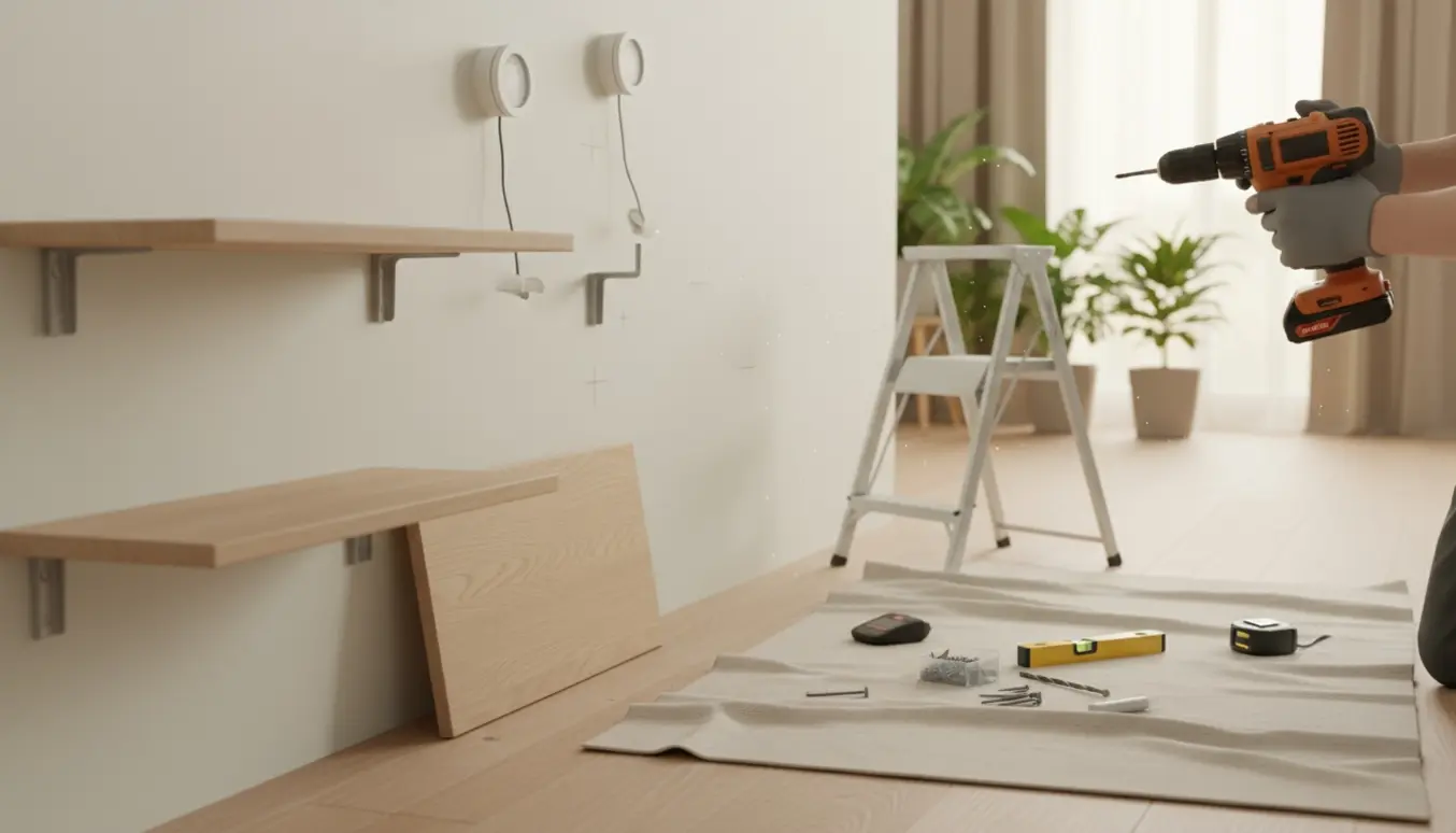 Hænder monterer to spotlamper og to væghylder med boremaskine i et lyst, moderne rum.