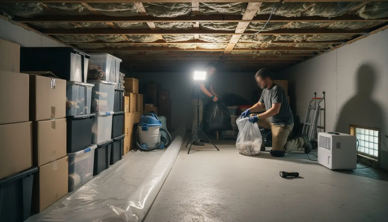 Krybekælder hvor to personer set bagfra rydder kasser og fylder sække med arbejdslampe og støvsuger.