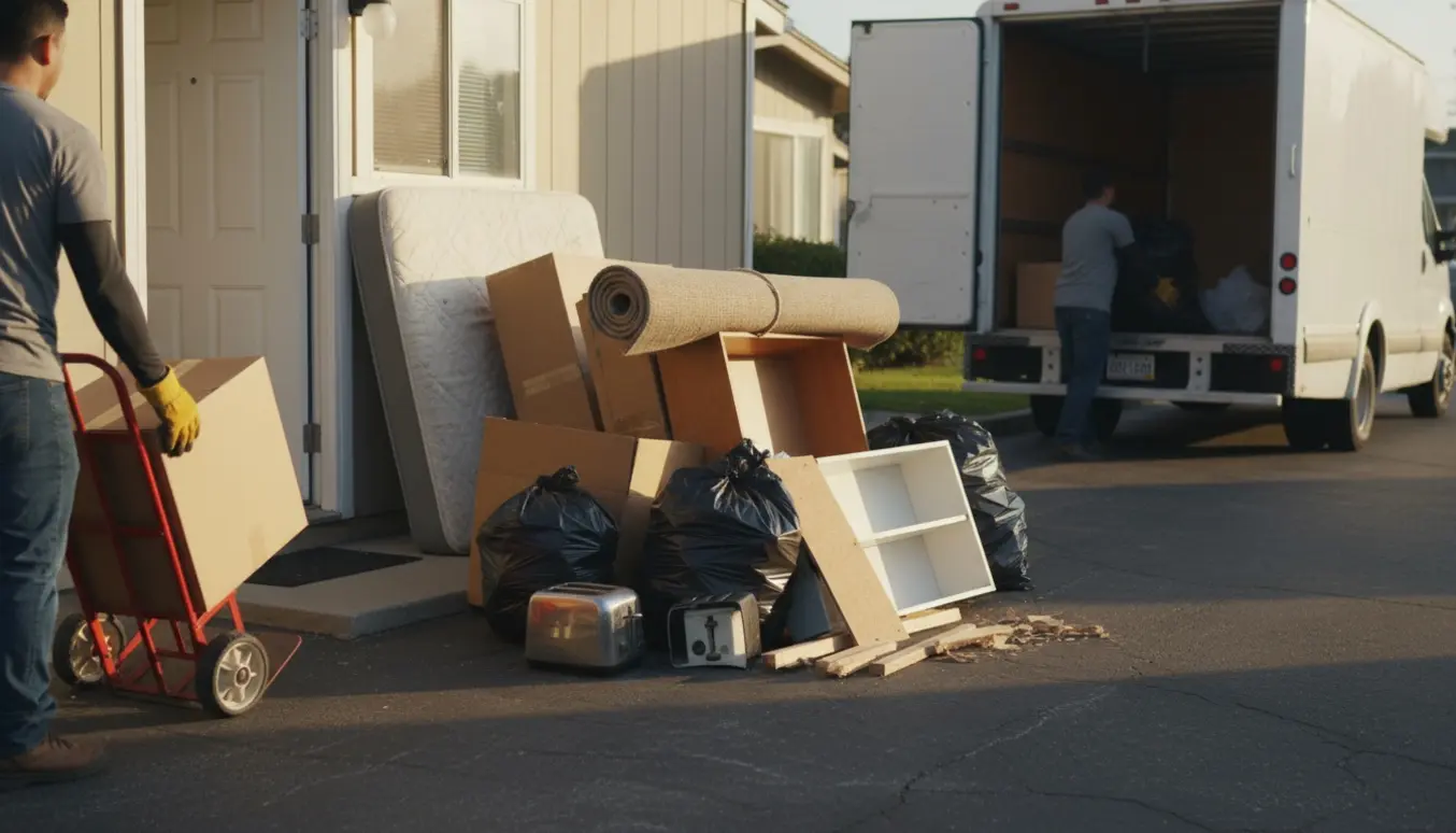 Bunker af flytteaffald og indbo uden for en lejlighed, klar til afhentning.