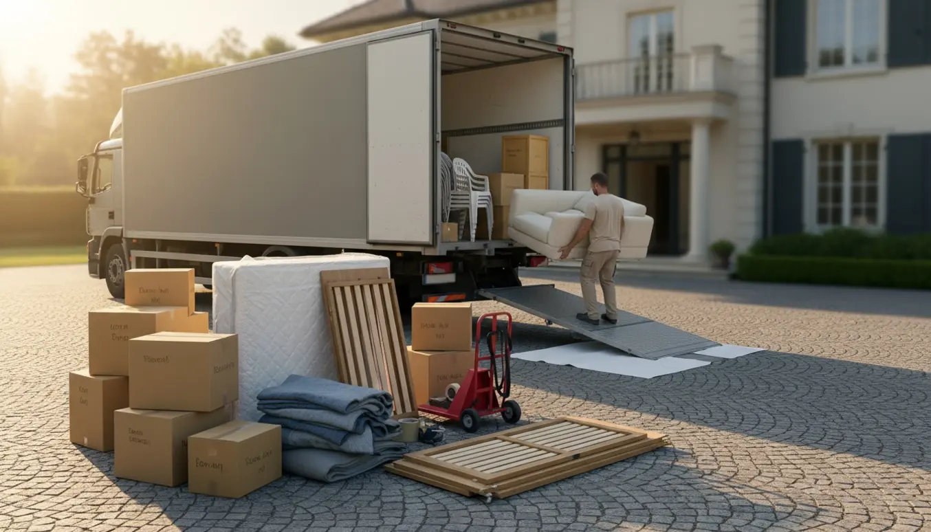 Flyttefolk bærer sofa og stabler kasser på indkørslen ved en villa under en privat flytning.